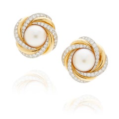 Charles Turi 18k Gold + Platinum Mabe Pearl 3.3ct Diamond Ear Clips 1-3/16" 36g