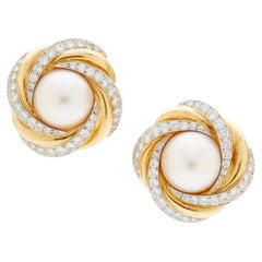 Charles Turi Oro 18k + Platino Perla Mabe Diamante 3.3ct Pendientes 1-3/16" 36g