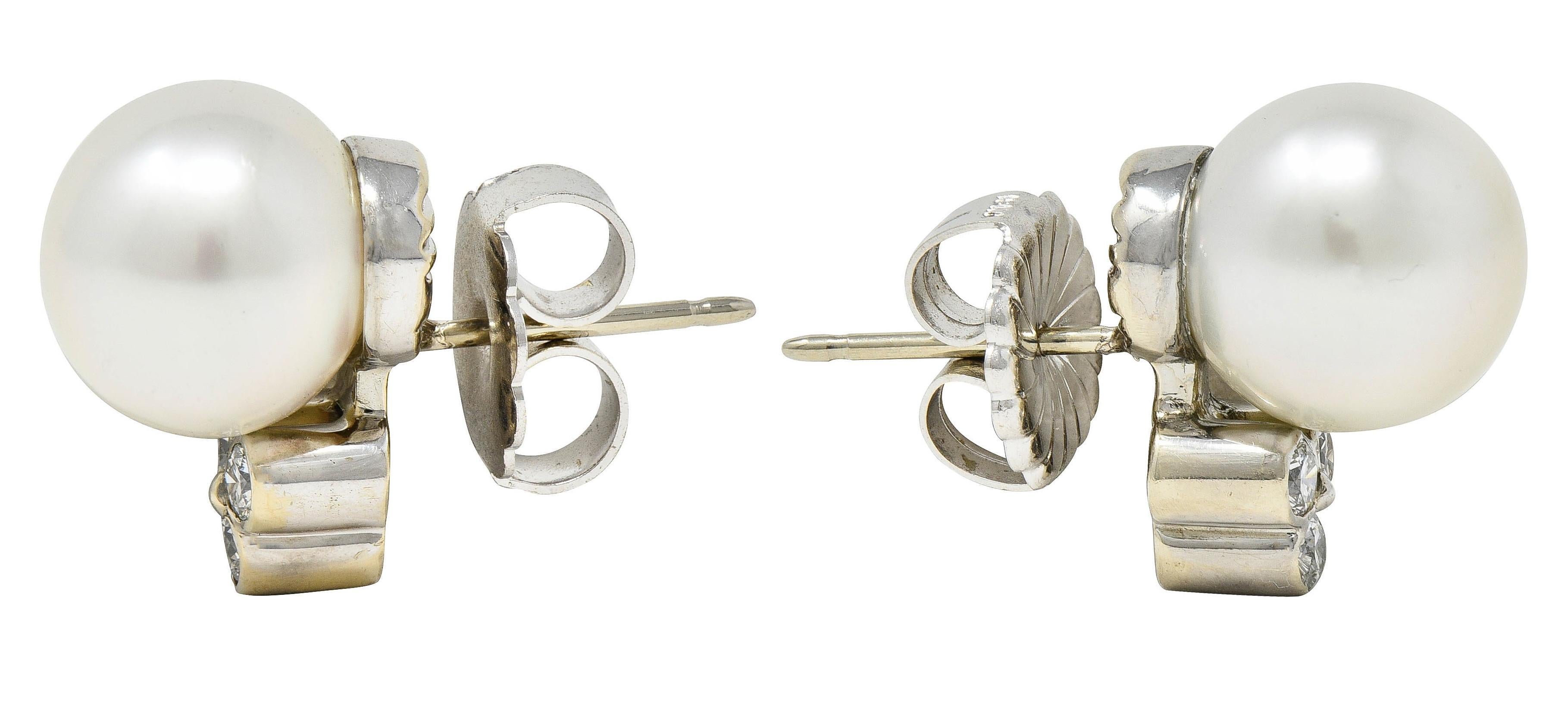 Round Cut Charles Turi 2000's Pearl Diamond 18 Karat White Gold Cluster Stud Earrings