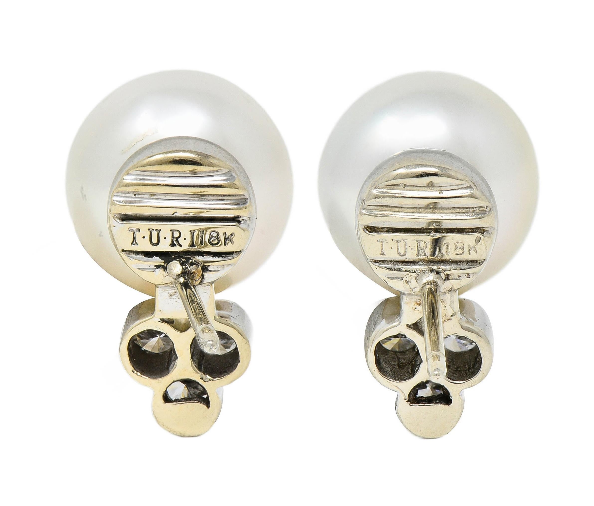 Charles Turi 2000's Pearl Diamond 18 Karat White Gold Cluster Stud Earrings In Excellent Condition In Philadelphia, PA