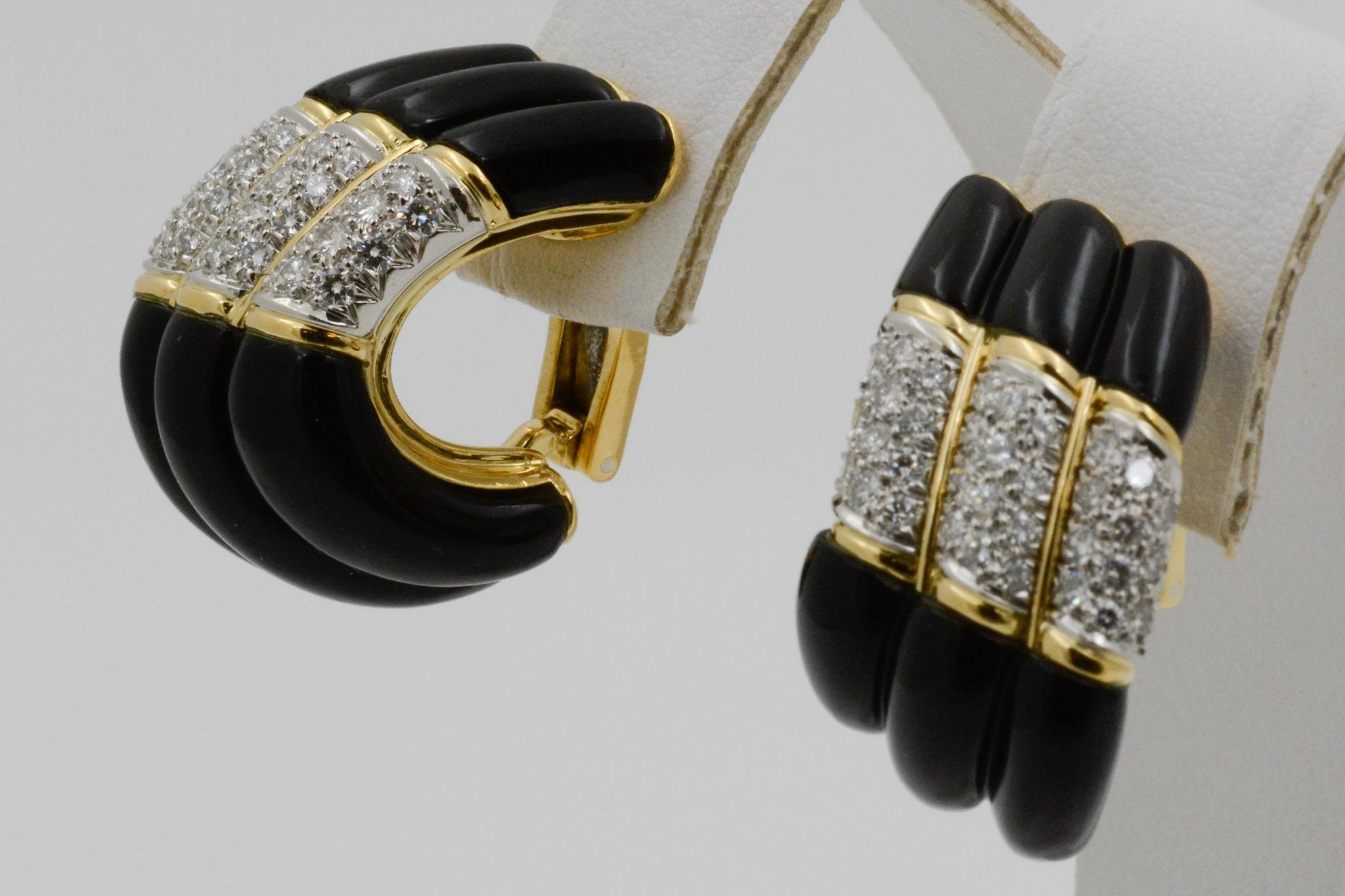 Retro Charles Turi Black Onyx and Diamond 18 Karat Yellow Gold Earrings