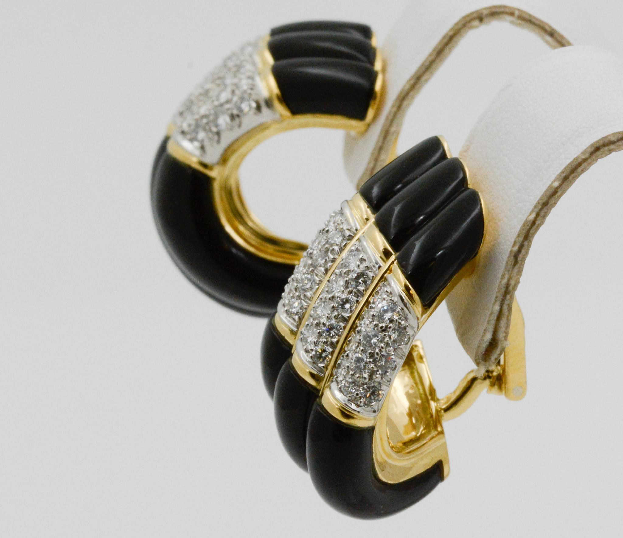 Round Cut Charles Turi Black Onyx and Diamond 18 Karat Yellow Gold Earrings