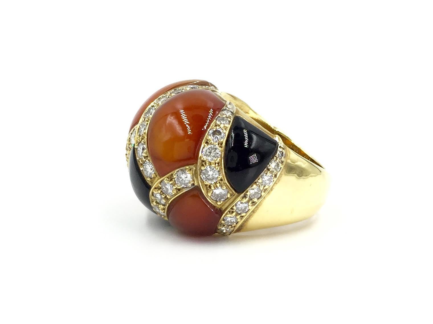 Retro Charles Turi Carnelian, Onyx and Diamond 18 Karat Dome Ring