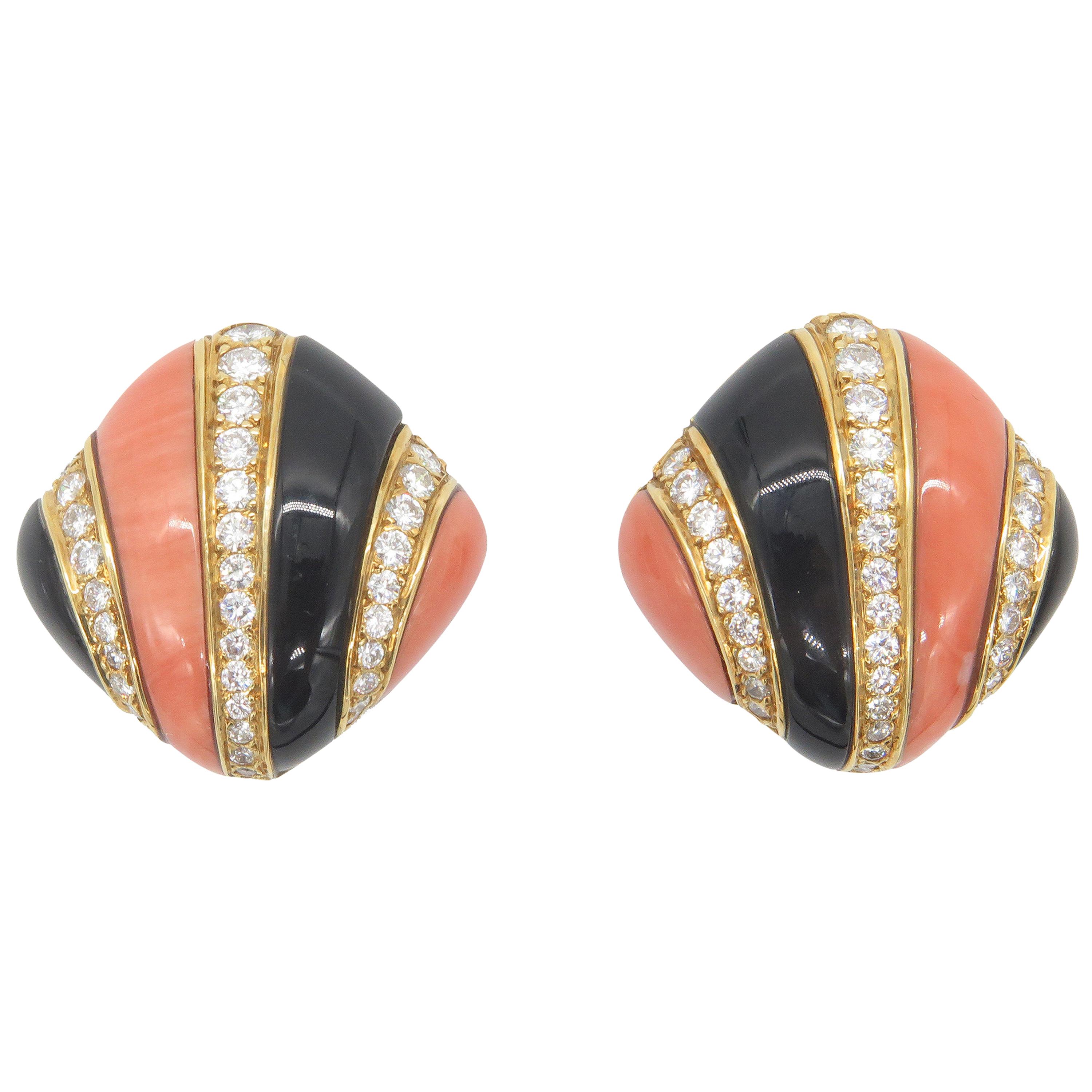 Charles Turi Coral Onyx and Diamond 18 Karat Yellow Gold Earrings For Sale