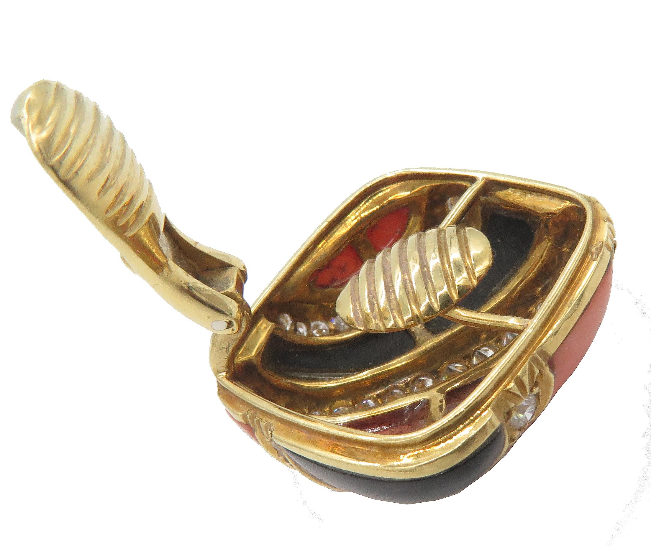 Charles Turi Coral Onyx and Diamond 18 Karat Yellow Gold Earrings For Sale 2