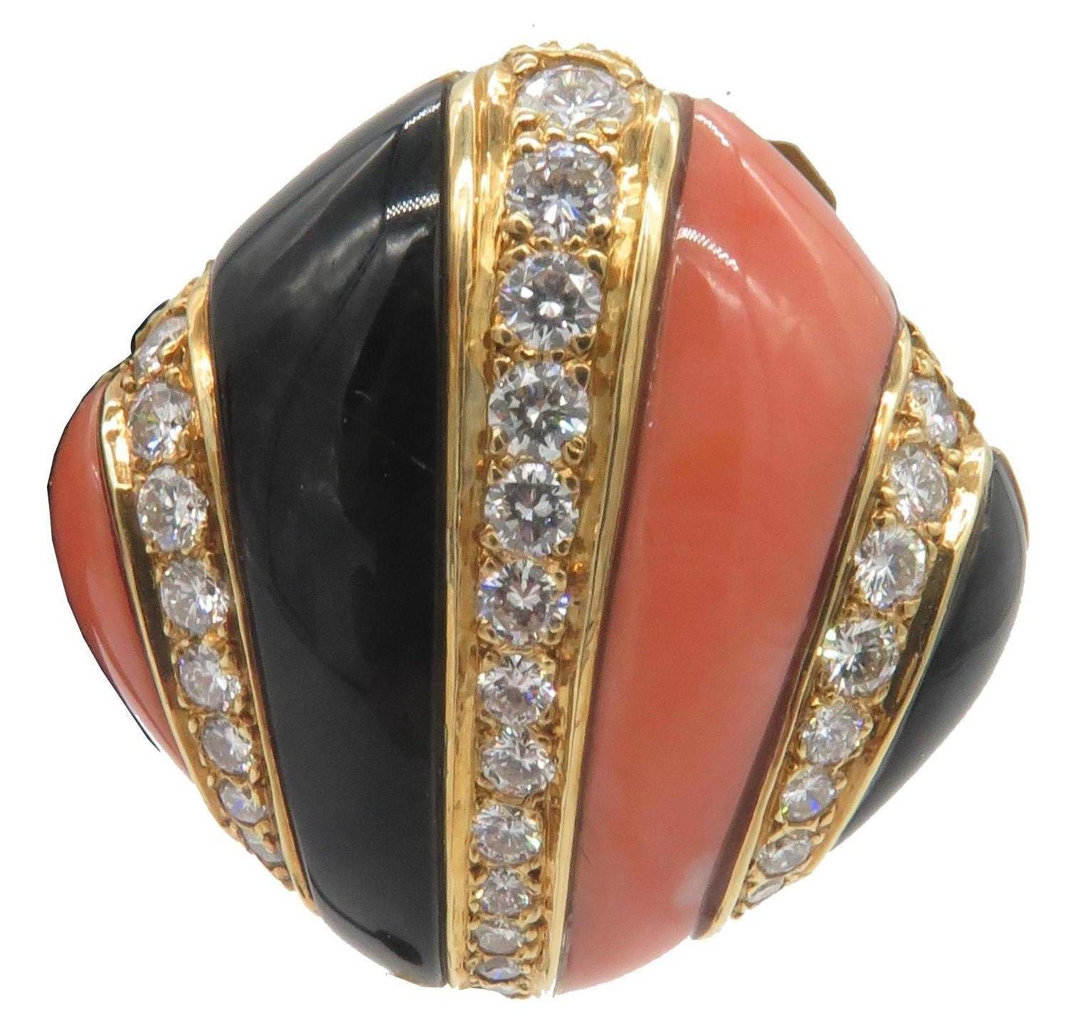 Charles Turi Coral Onyx and Diamond 18 Karat Yellow Gold Earrings For Sale 3