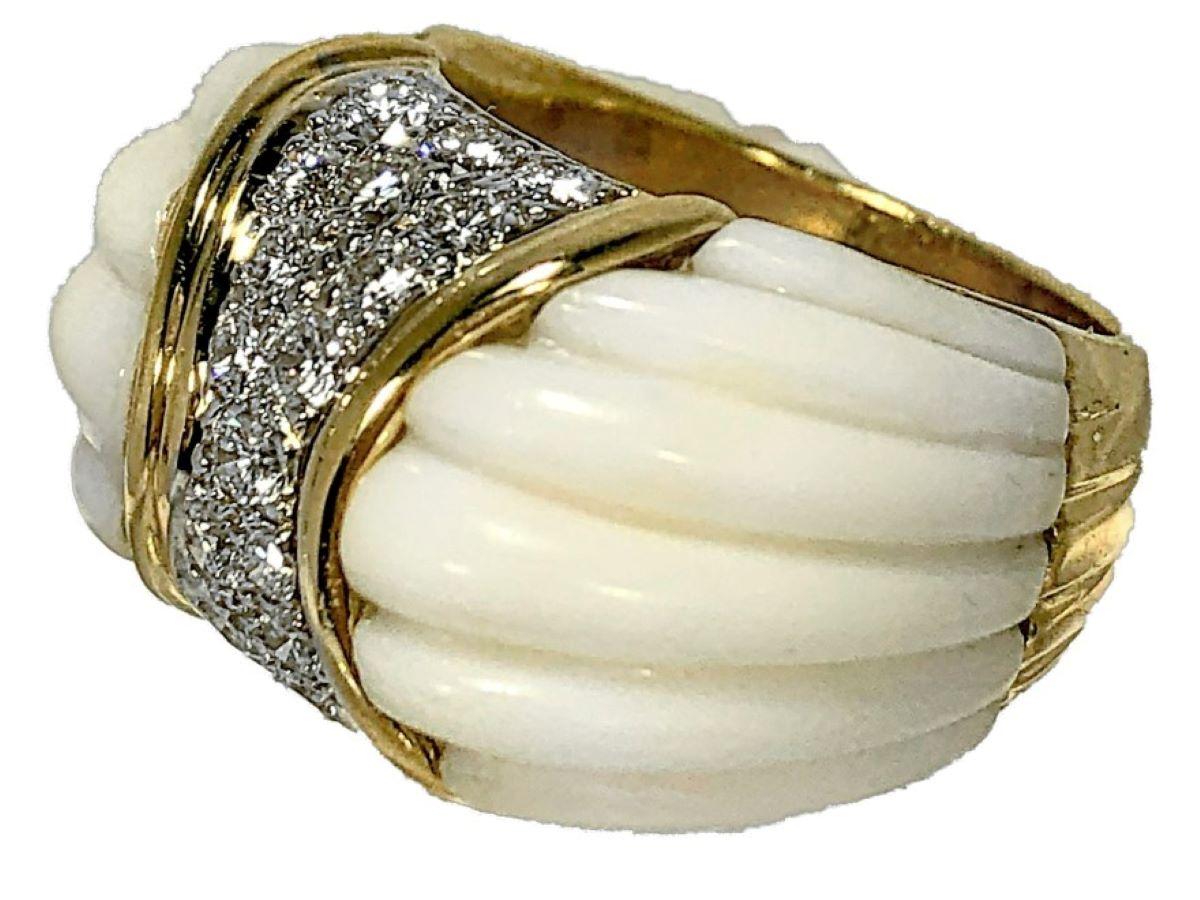 Charles Turi Fluted White Coral, Diamond and Yellow Gold Ring In Good Condition In Palm Beach, FL