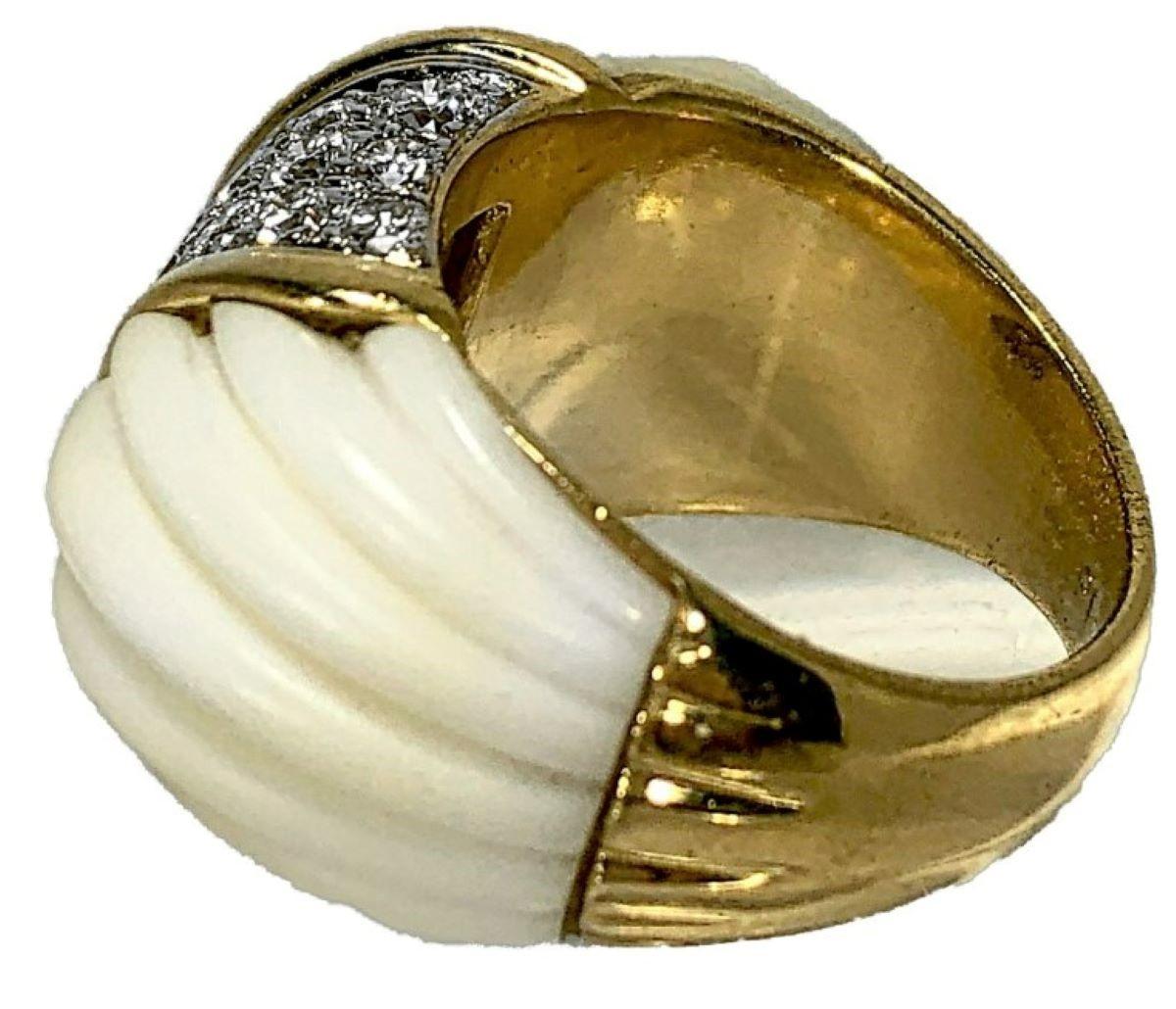 Women's Charles Turi Fluted White Coral, Diamond and Yellow Gold Ring