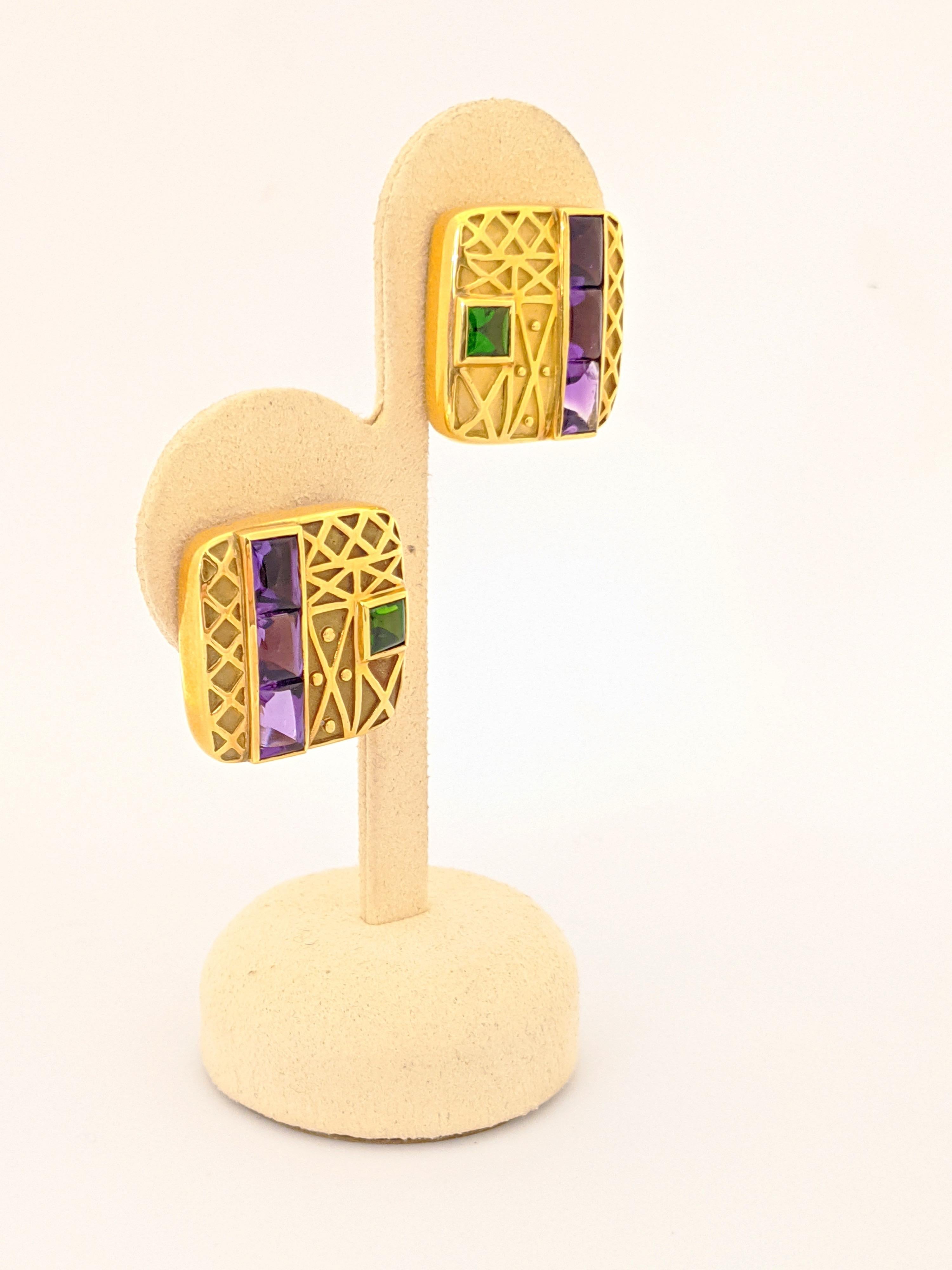 Retro Charles Turi for Cellini 18 Karat Gold Earrings with Amethyst & Chrome Diopside For Sale