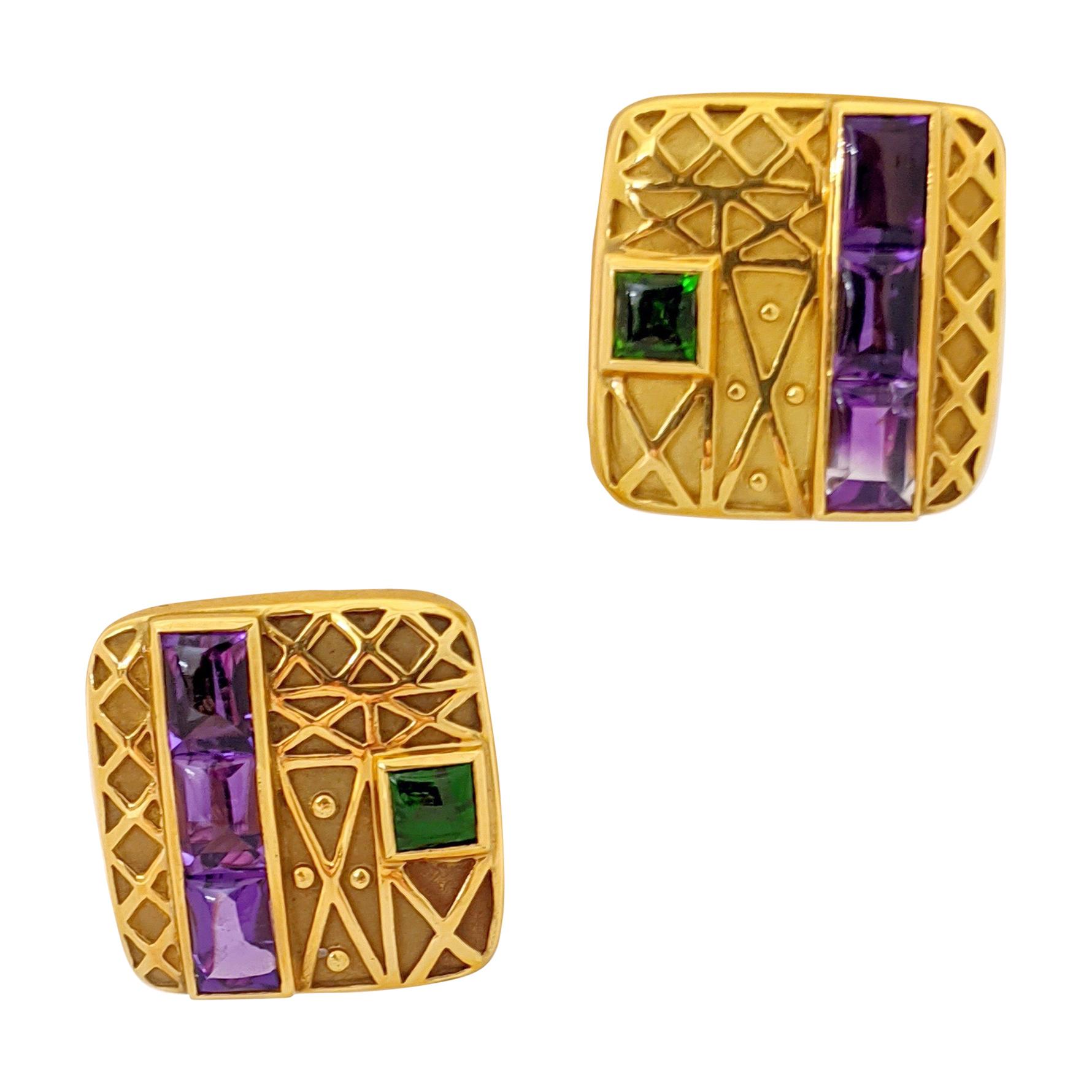 Charles Turi for Cellini 18 Karat Gold Earrings with Amethyst & Chrome Diopside For Sale