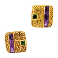 Vintage Charles Turi for Cellini 18 Karat Gold Earrings with Amethyst & Chrome Diopside