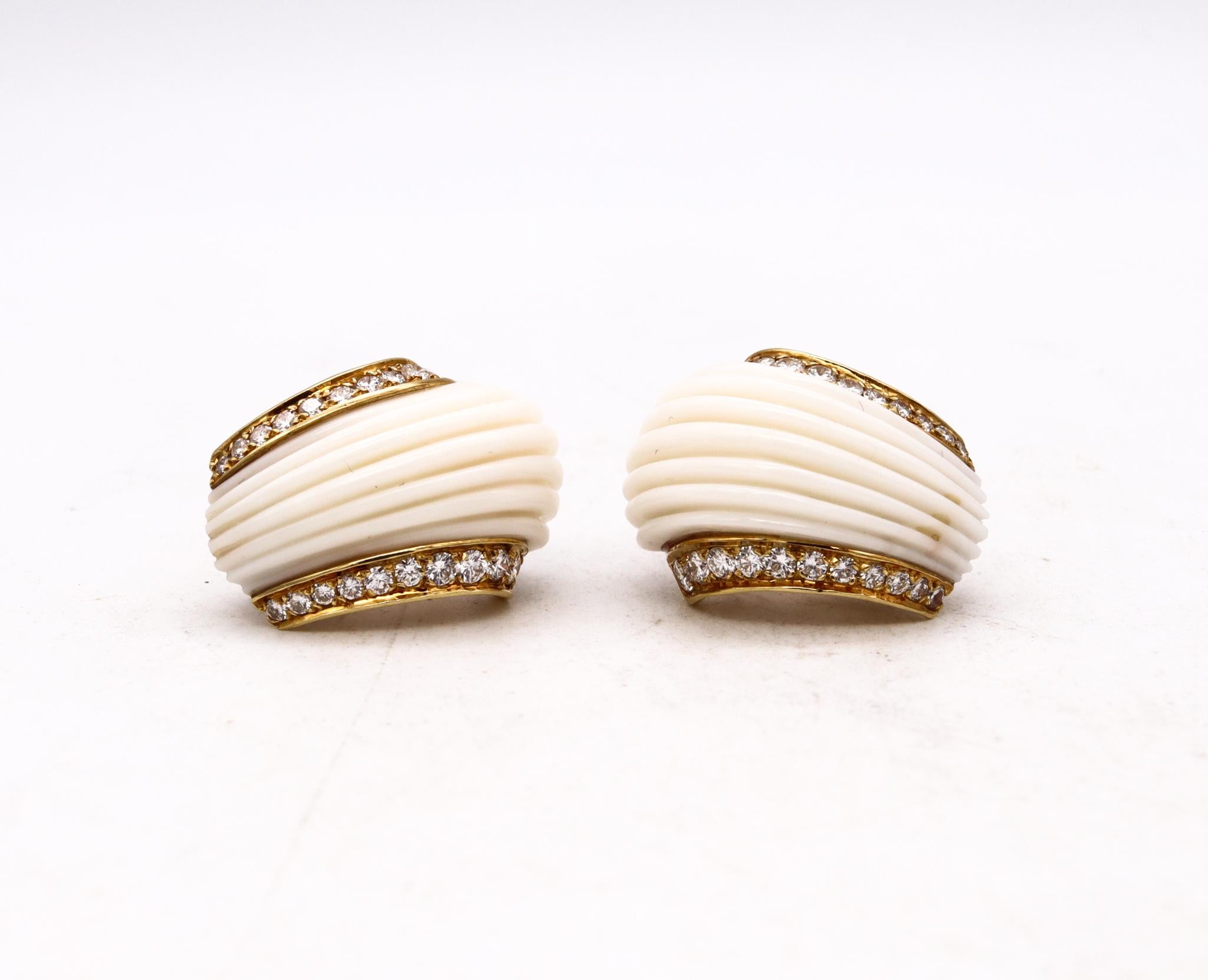 Modernist Charles Turi New York 18kt Gold Earrings with 2.42 Cts in Diamonds White Coral