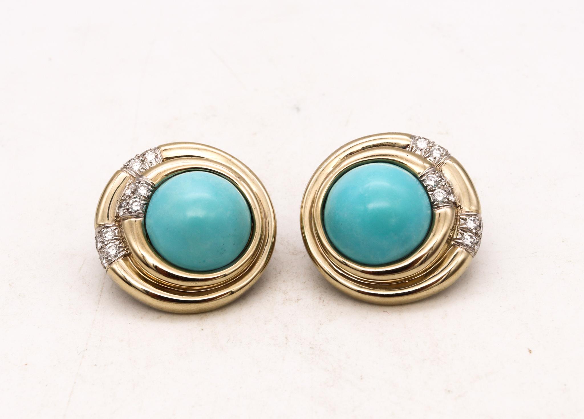 A pair of jeweled earrings designed by Charles Turi.

Handsome rounded pair, created in the United Stated at the beginning of the 1980's by Charles Turi. This statement earrings are a one-of-a-kind pair, crafted with concentric circled patterns in