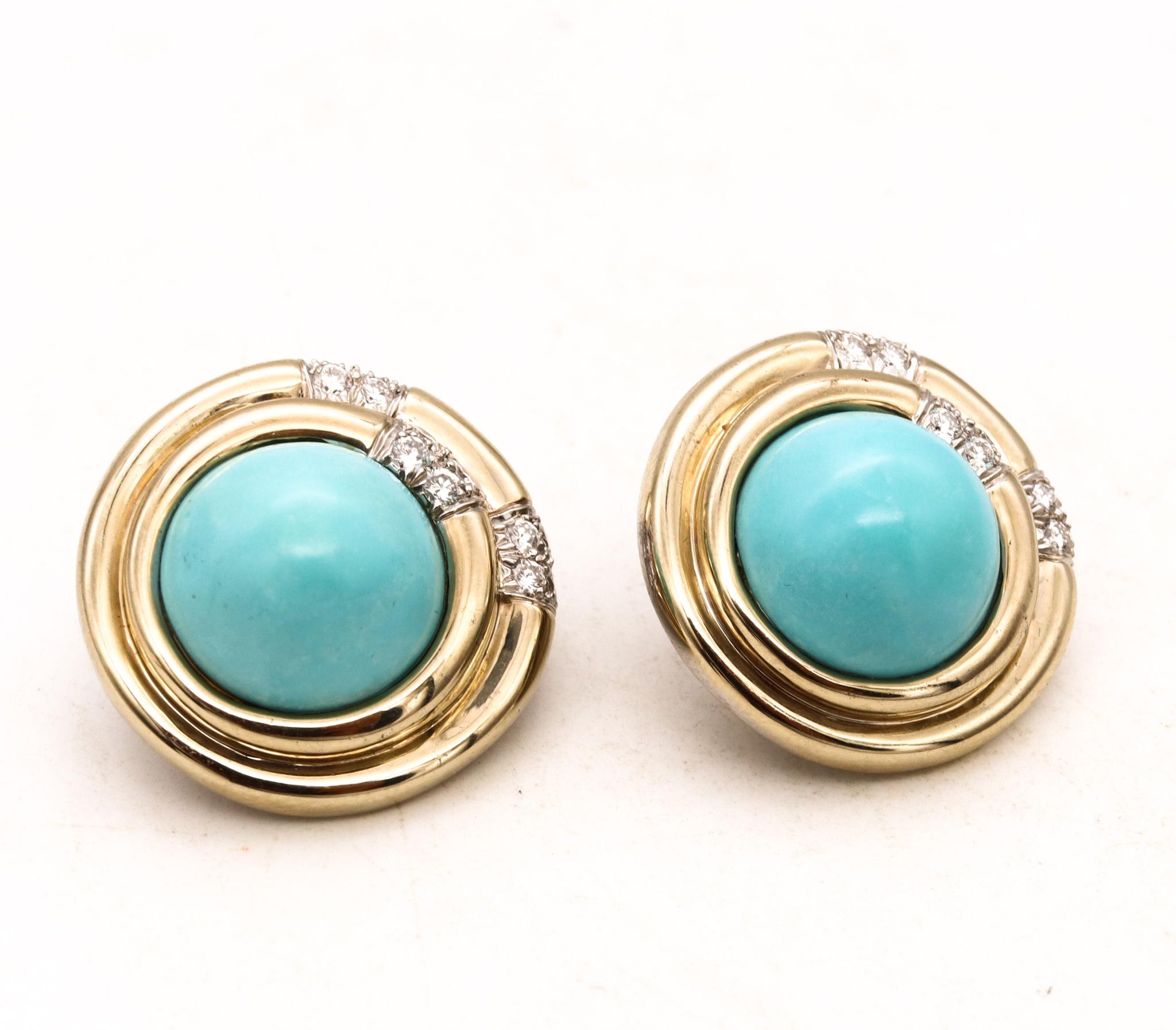 Cabochon Charles Turi New York Clip Earrings 18Kt Gold with 25.94 Cts Diamond Turquoises For Sale