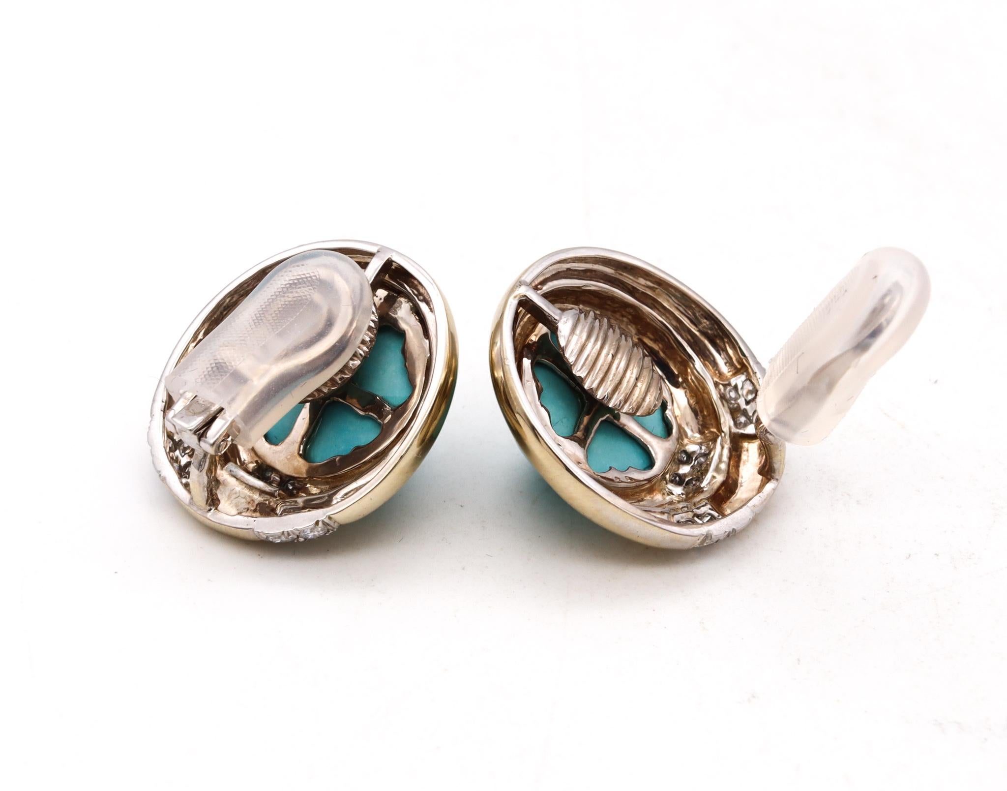 Charles Turi New York Clip Earrings 18Kt Gold with 25.94 Cts Diamond Turquoises In Excellent Condition For Sale In Miami, FL