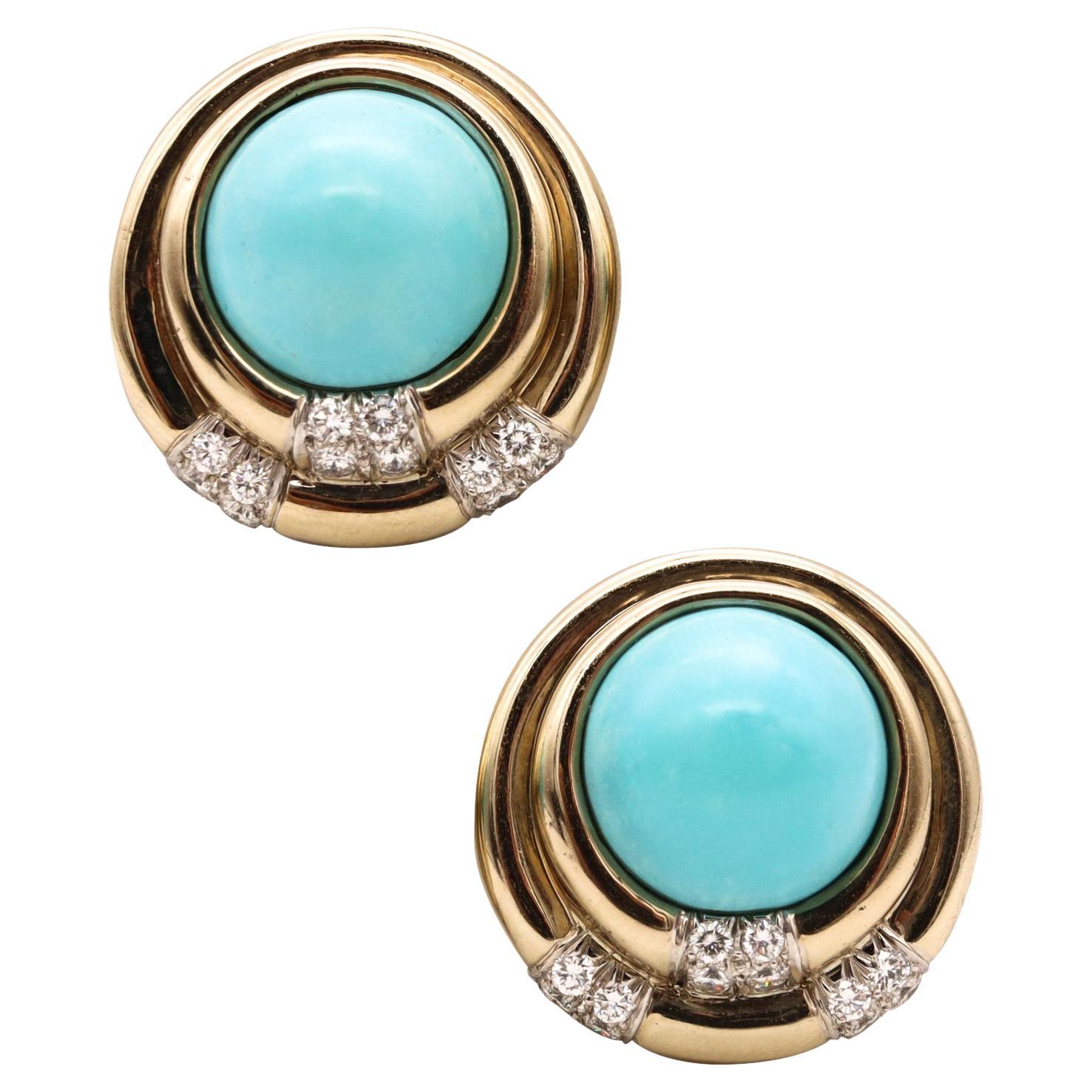 Charles Turi New York Clip Earrings 18Kt Gold with 25.94 Cts Diamond Turquoises For Sale