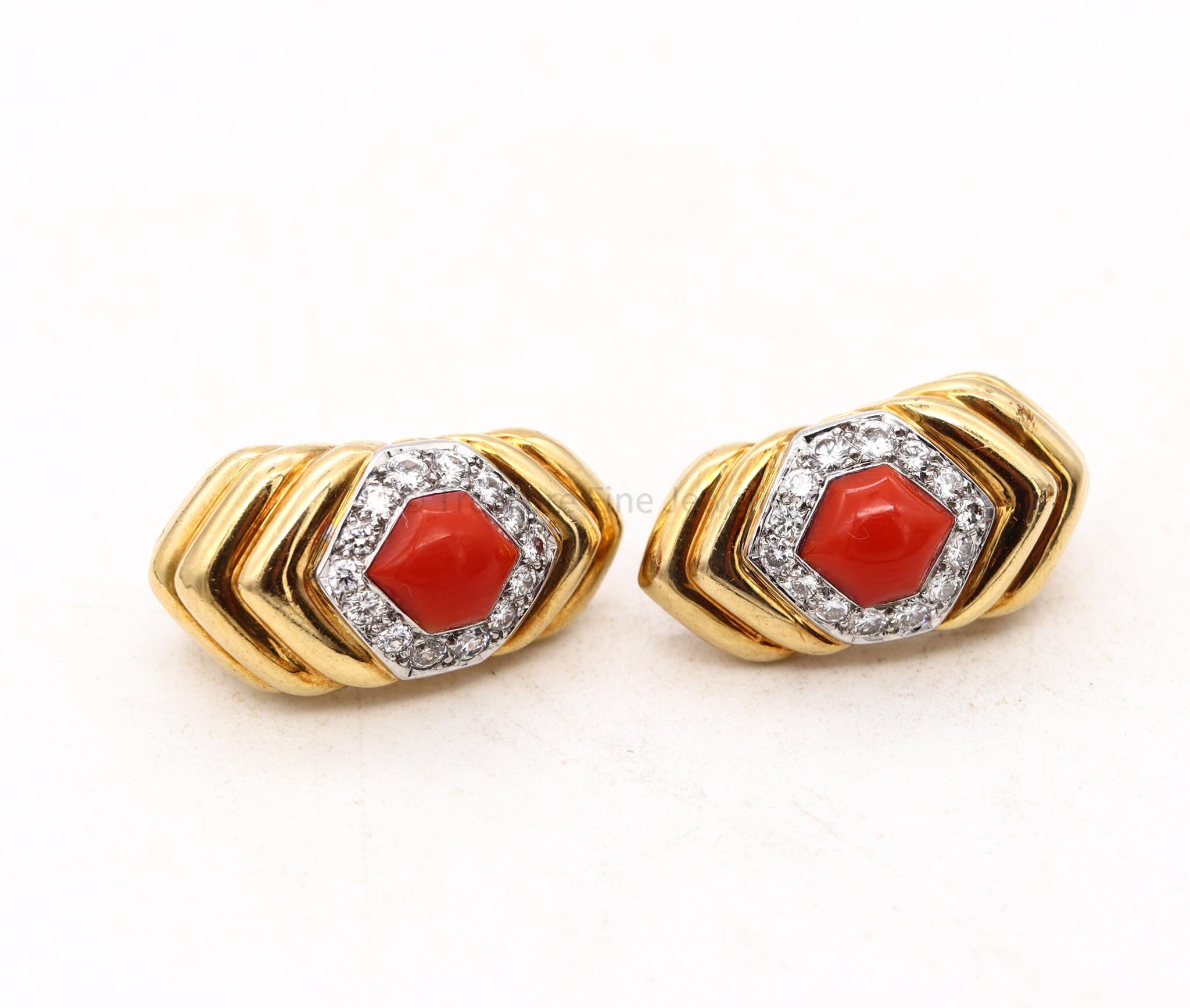 Mixed Cut Charles Turi New York Clip on Earrings 18kt Gold 5.96 Cts in Diamonds and Corals