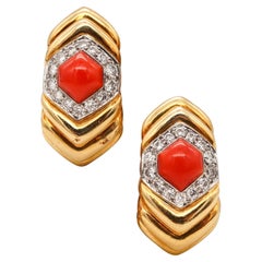 Retro Charles Turi New York Clip on Earrings 18kt Gold 5.96 Cts in Diamonds and Corals