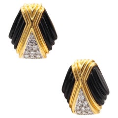 CHARLES TURI Par de Pendientes Clips Oro 18Kt Con 1,30 Quilates En Diamantes Y Ónix