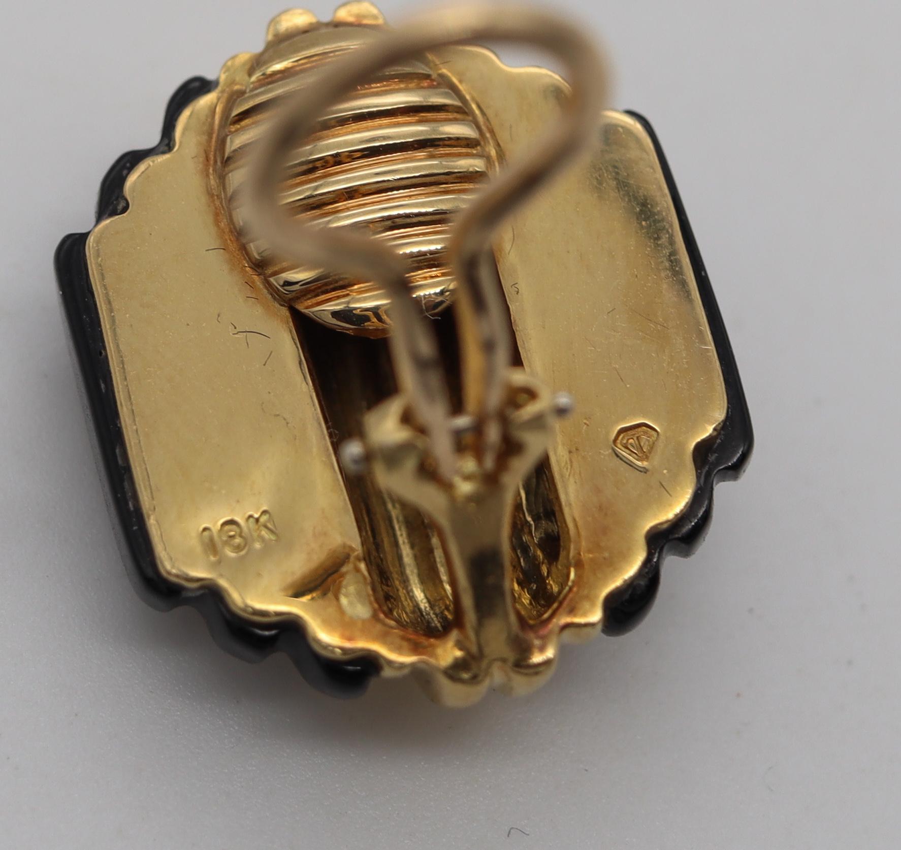 Cabochon Charles Turi Stepped Skyscraper Clip Earrings 18Kt Yellow Gold With Carved Onyx For Sale