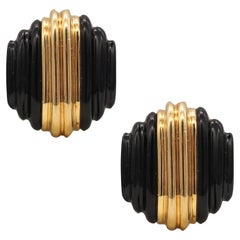 Charles Turi Stepped Skyscraper Clip Earrings 18Kt Yellow Gold With Carved Onyx