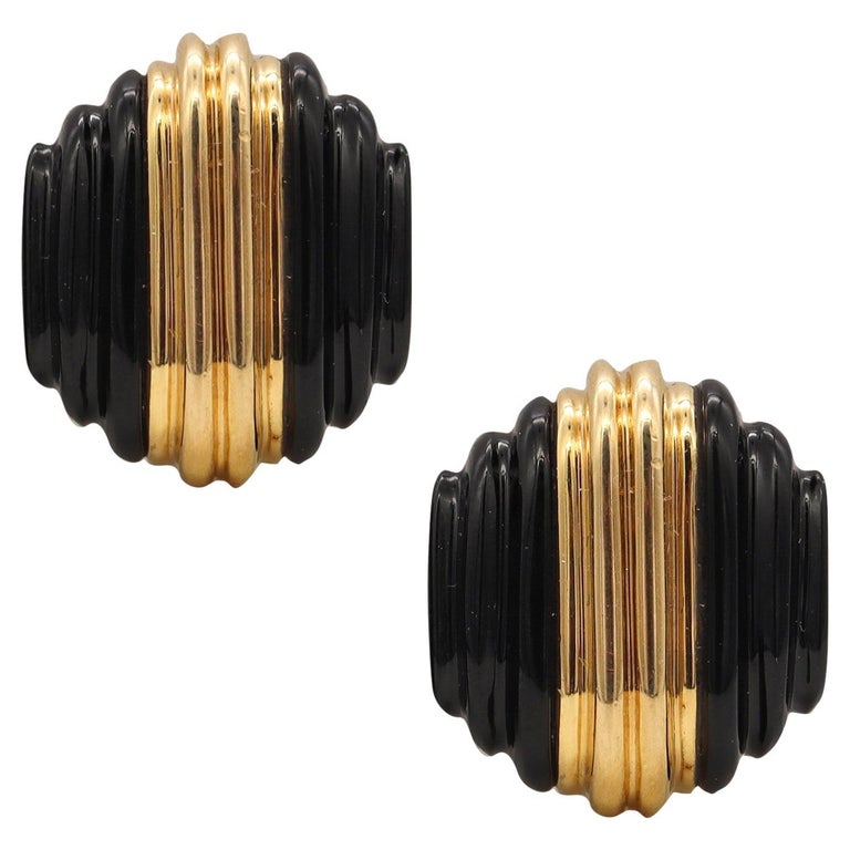 Charles Turi Stepped Skyscraper Clip Earrings 18Kt Yellow Gold With Carved Onyx For Sale
