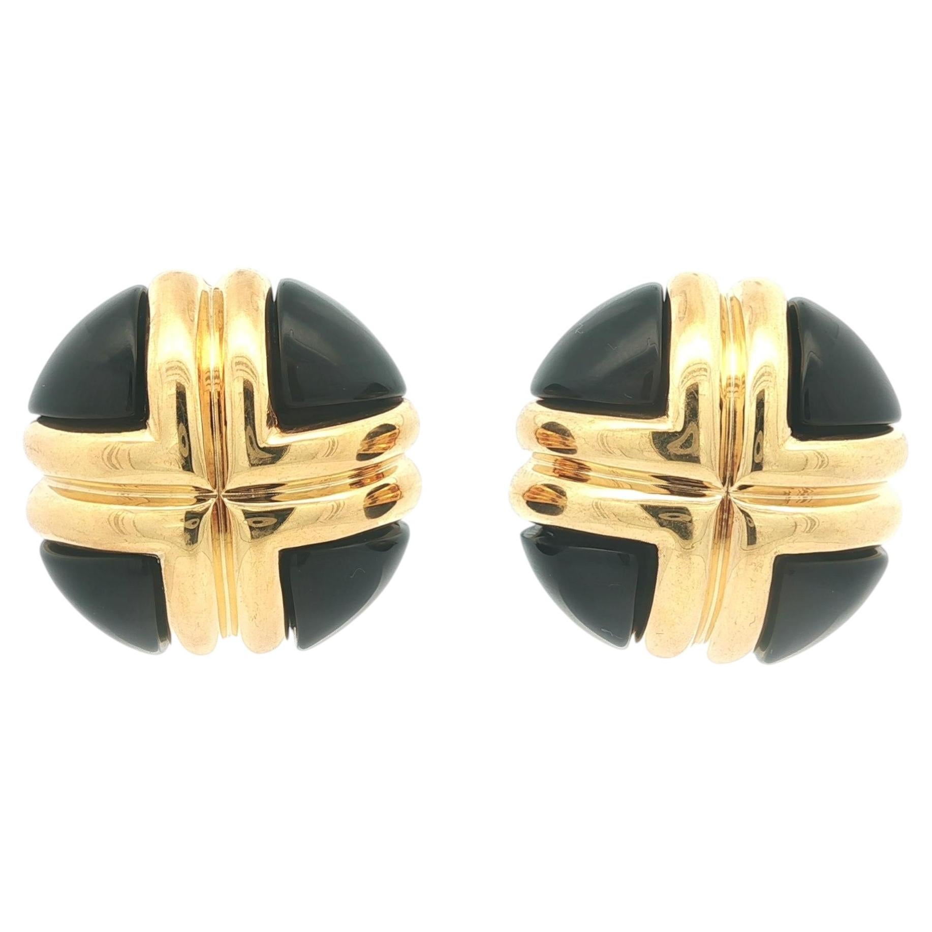 Charles Turi Yellow Gold Custom Cut Black Onyx Large Button Earrings For Sale