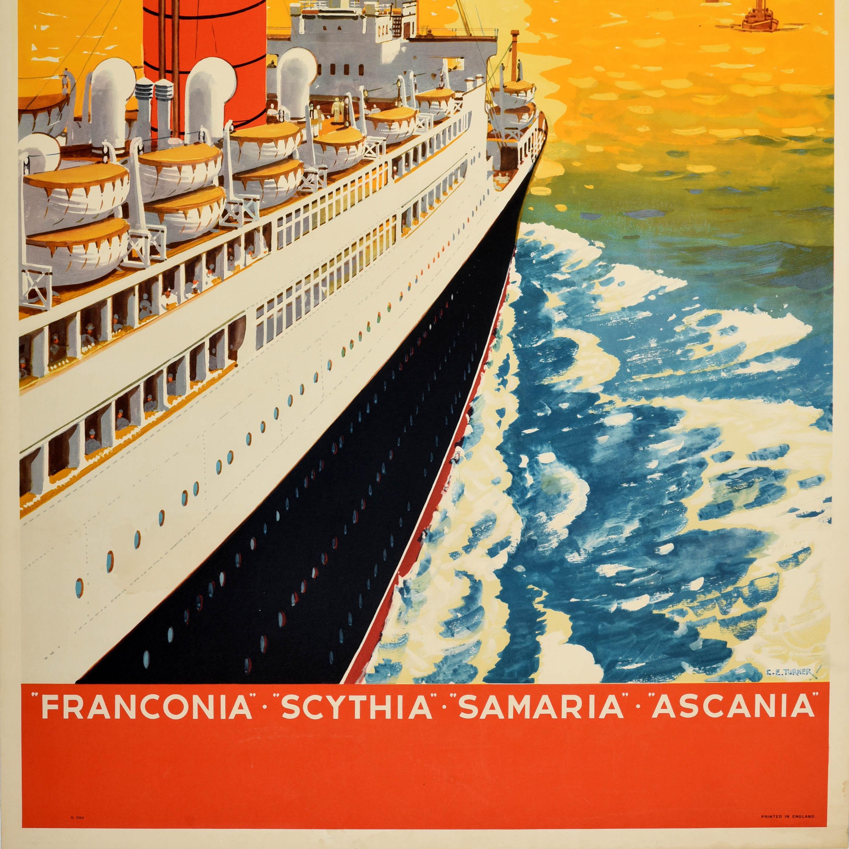 Affiche originale de croisière de la Cunard pour le Canada à bord des paquebots Franconia Scythia Samaria Ascania. Cette affiche présente une superbe illustration de l'artiste maritime et aéronautique britannique Charles Edward Turner (1883-1965)