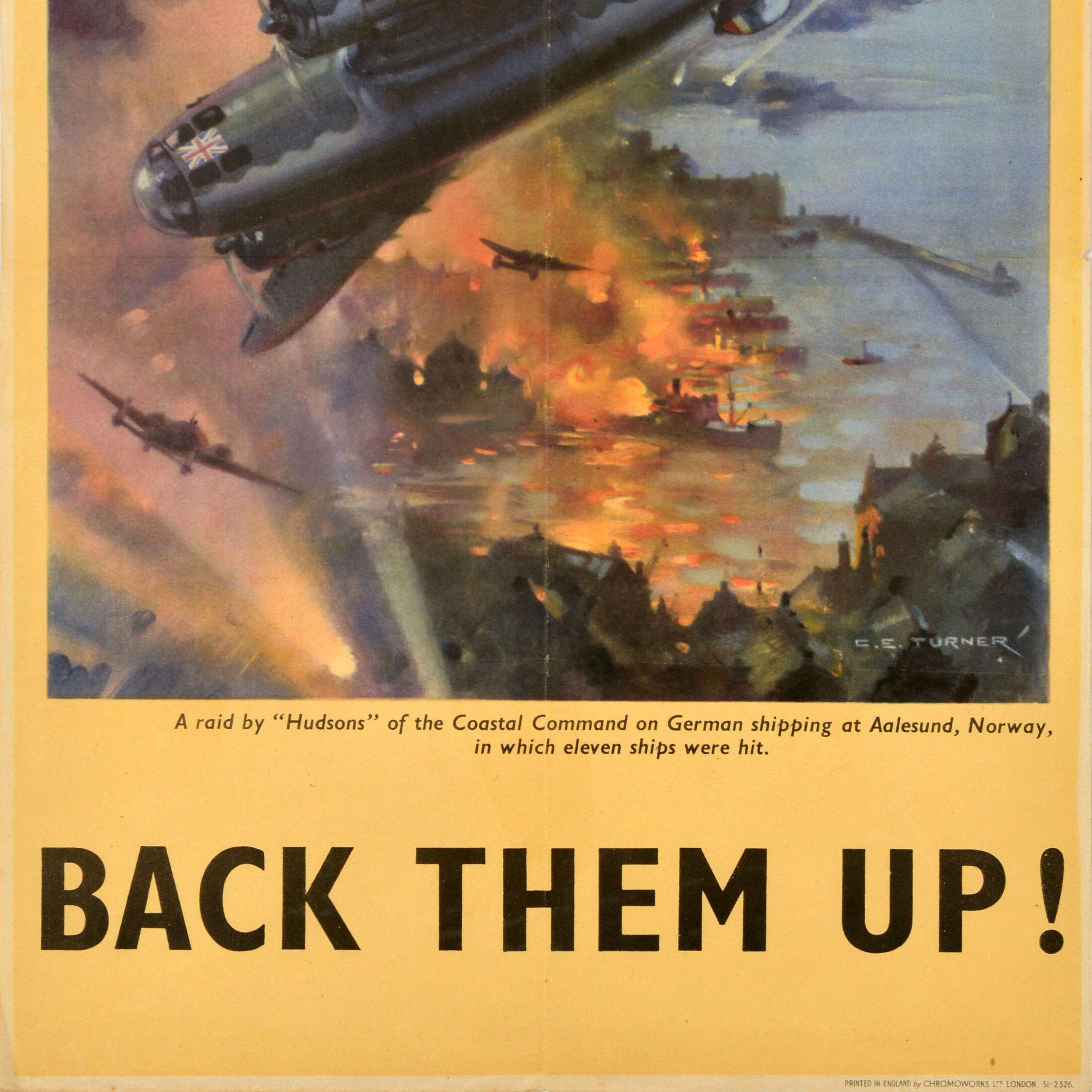 Poster di propaganda originale d'epoca della Seconda Guerra Mondiale - Back Them Up! Un raid degli 