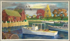 A Charming, Modern Maine Harbor Scene Painting, Lobster Traps & Fishing Boats