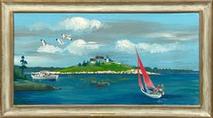 A Colorful, Modern Maine Harbor Scene Painting, Pumpkin Island Lighthouse