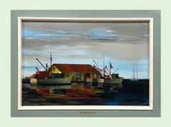 A Large 1960s Mid-Century Modern Florida Harbor Scene Painting, "Shrimp Boats"