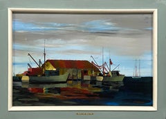 A Large 1960s Mid-Century Modern Florida Harbor Scene Painting, "Shrimp Boats"
