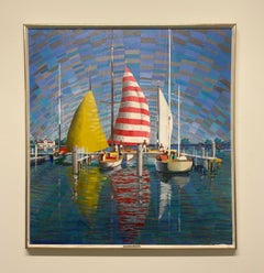 A Large, Colorful 1960s Mid-Century Modern Florida Harbor Scene, "Sail Boats"