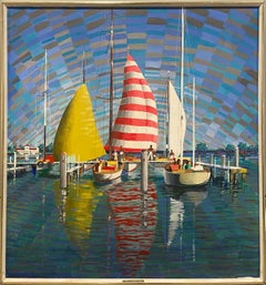 A Large, Colorful 1960s Mid-Century Modern Florida Harbor Scene, "Sail Boats"