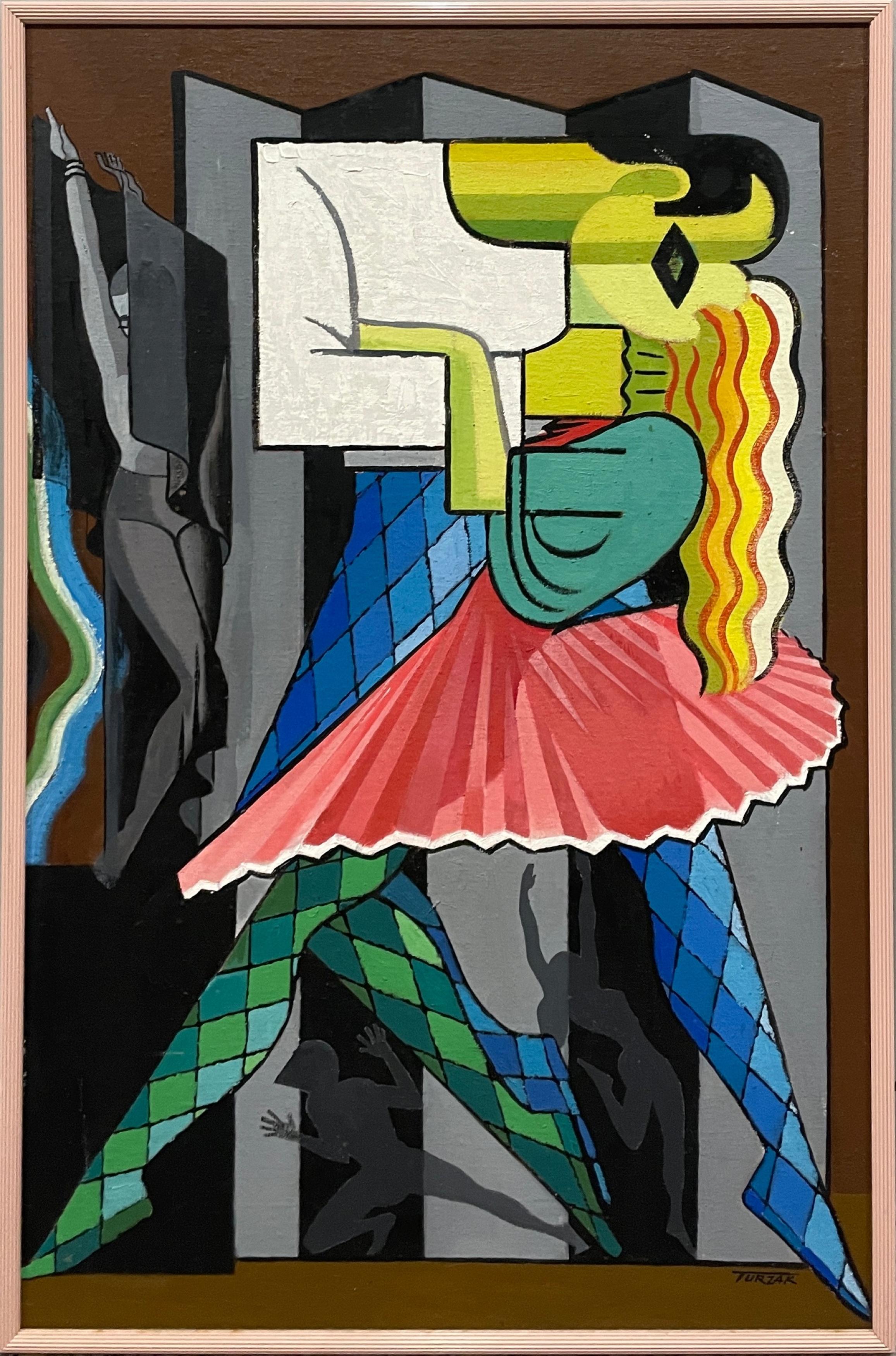 A Large Mid-Century Modern, Cubist Art Deco Painting, "The Dancers"