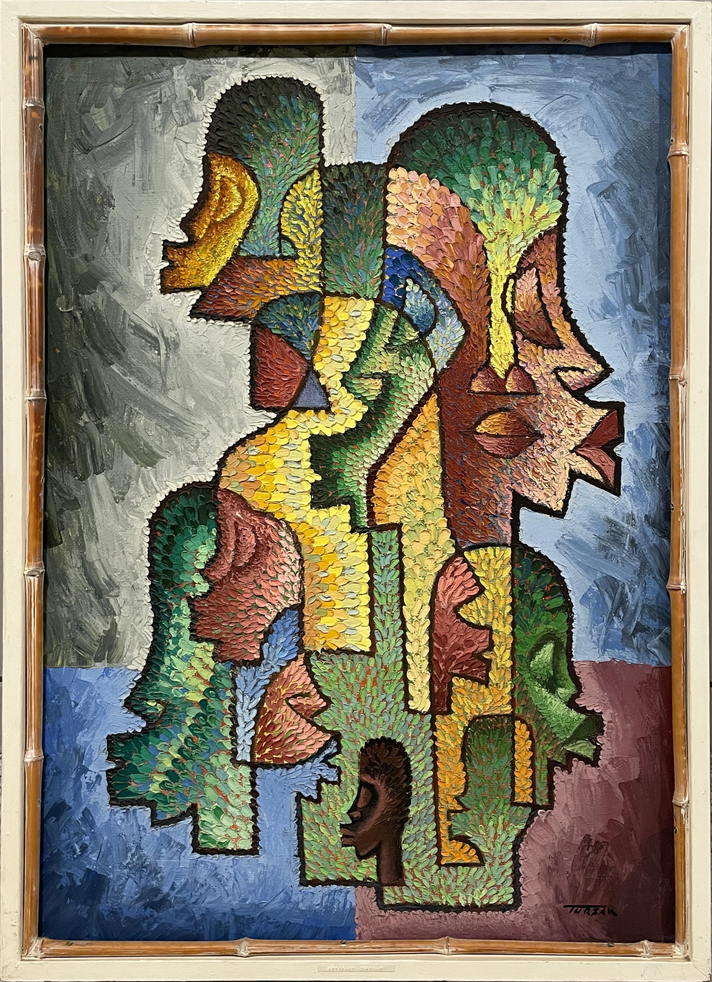 Grande peinture à motif tribal cubiste, moderne du milieu du siècle, "Artifact Contour".