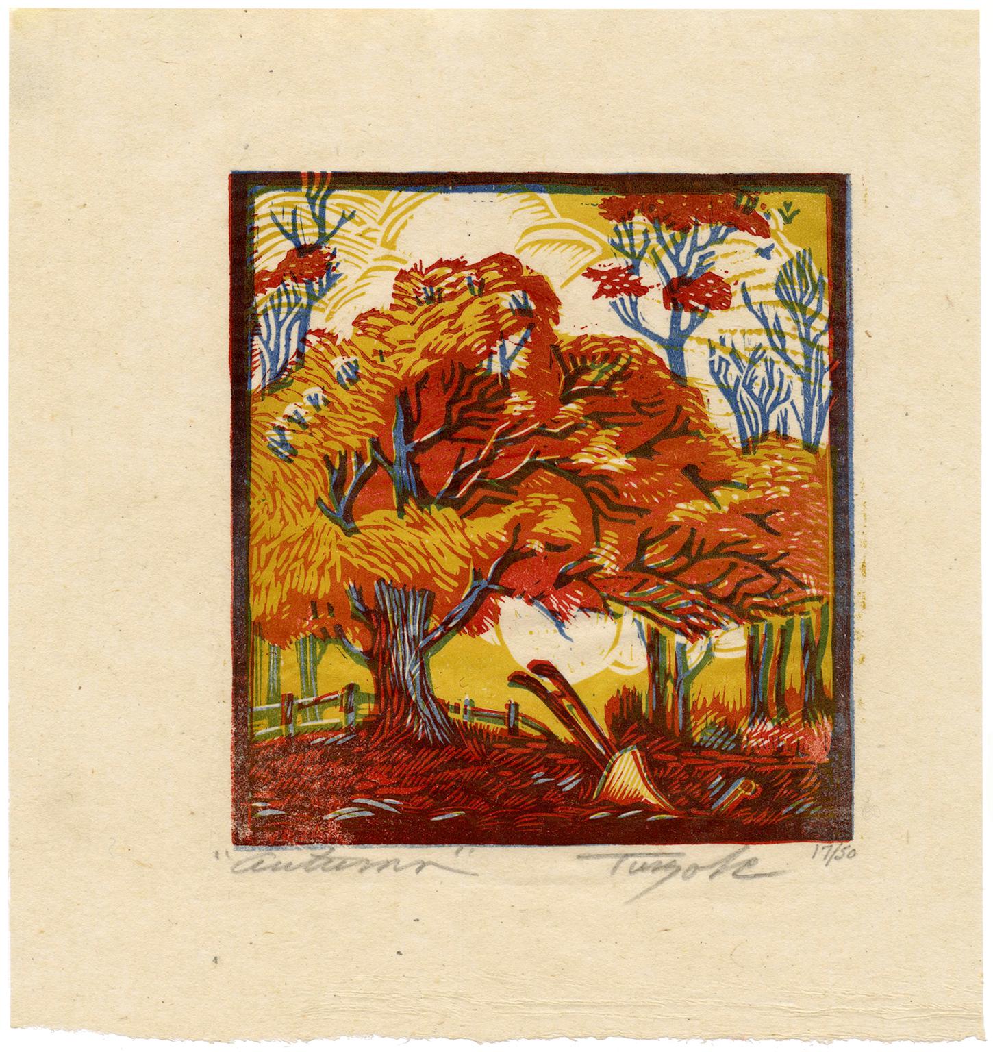 'Autumn' — 1920s American Modernism, Color Woodcut - Print by Charles Turzak