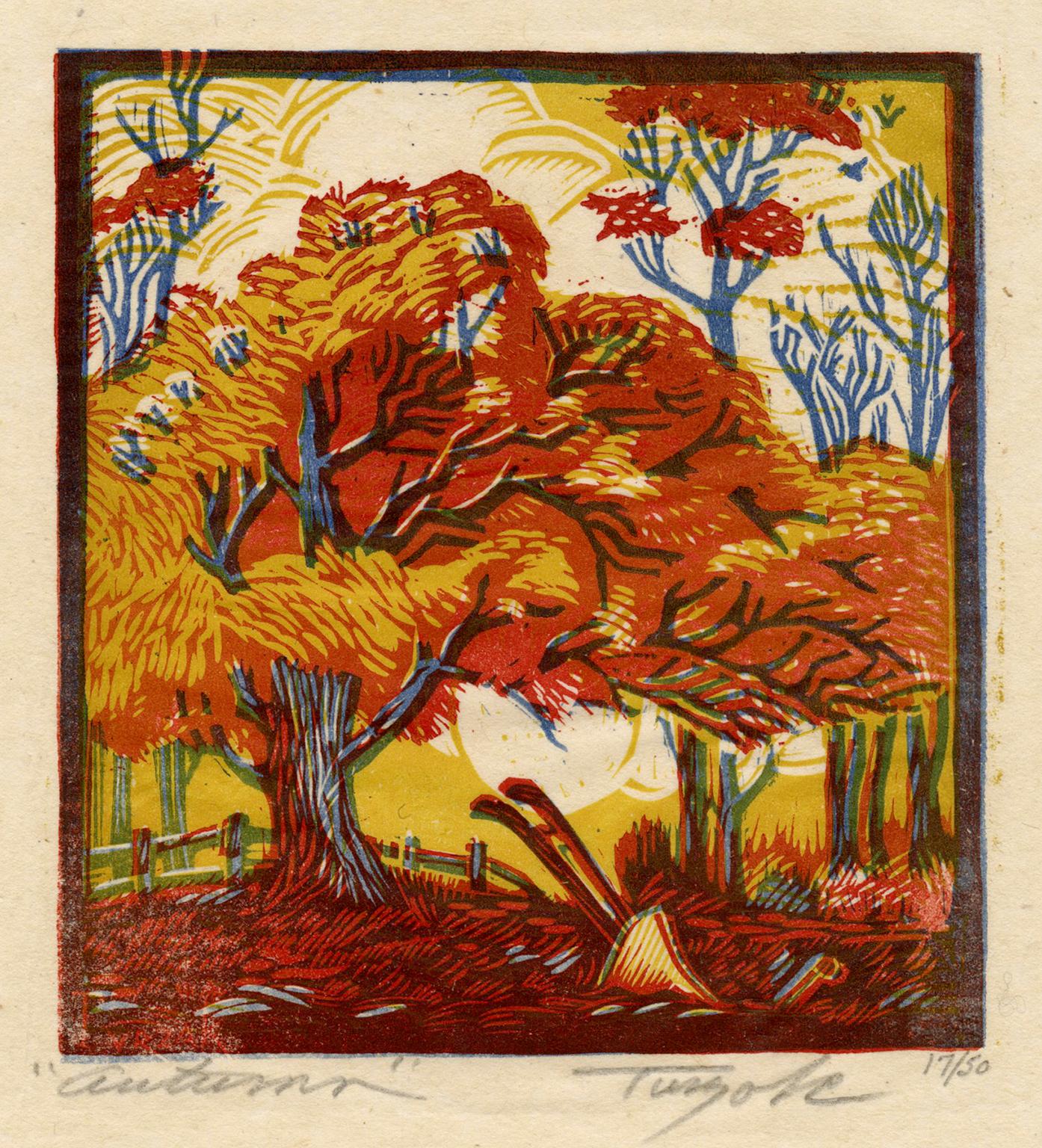 Charles Turzak Figurative Print - 'Autumn' — 1920s American Modernism, Color Woodcut