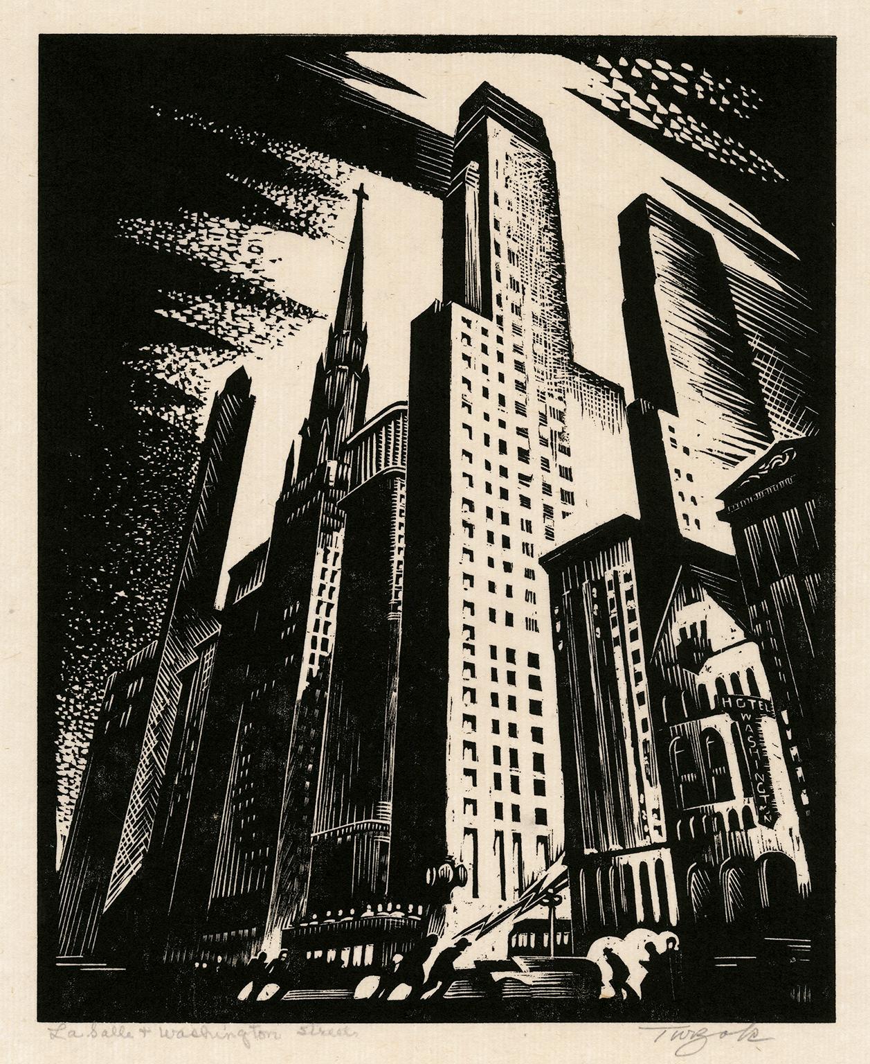 Charles Turzak Figurative Print - 
La Salle and Washington Street (Chicago, Illinois)
 — WPA American Modernism