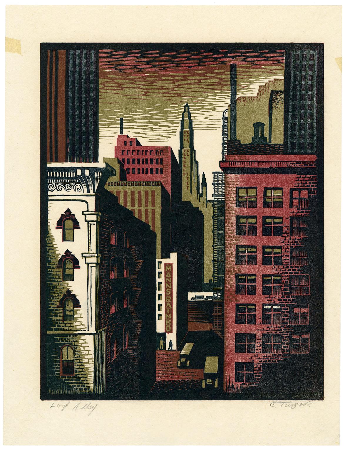 'Loop Alley' — Modernist Chicago Cityscape, WPA - Print by Charles Turzak