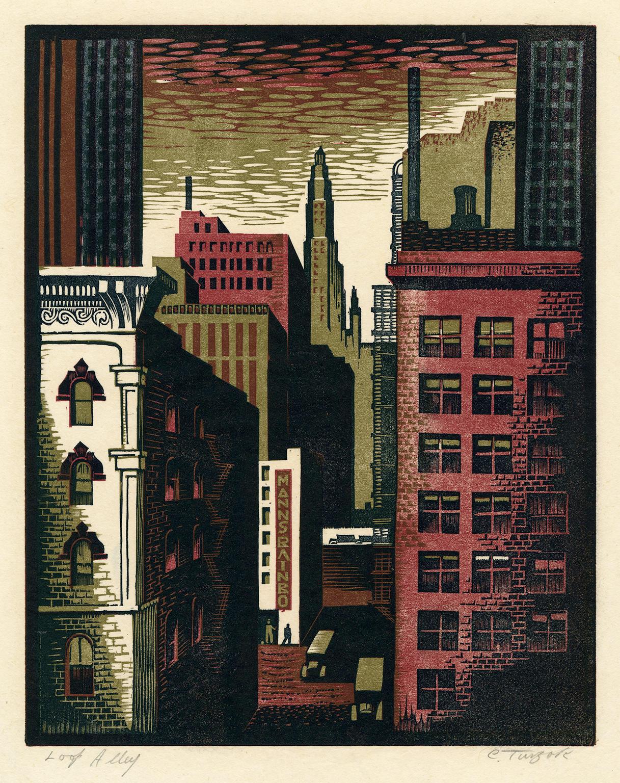 Charles Turzak Figurative Print - 'Loop Alley' — Modernist Chicago Cityscape, WPA