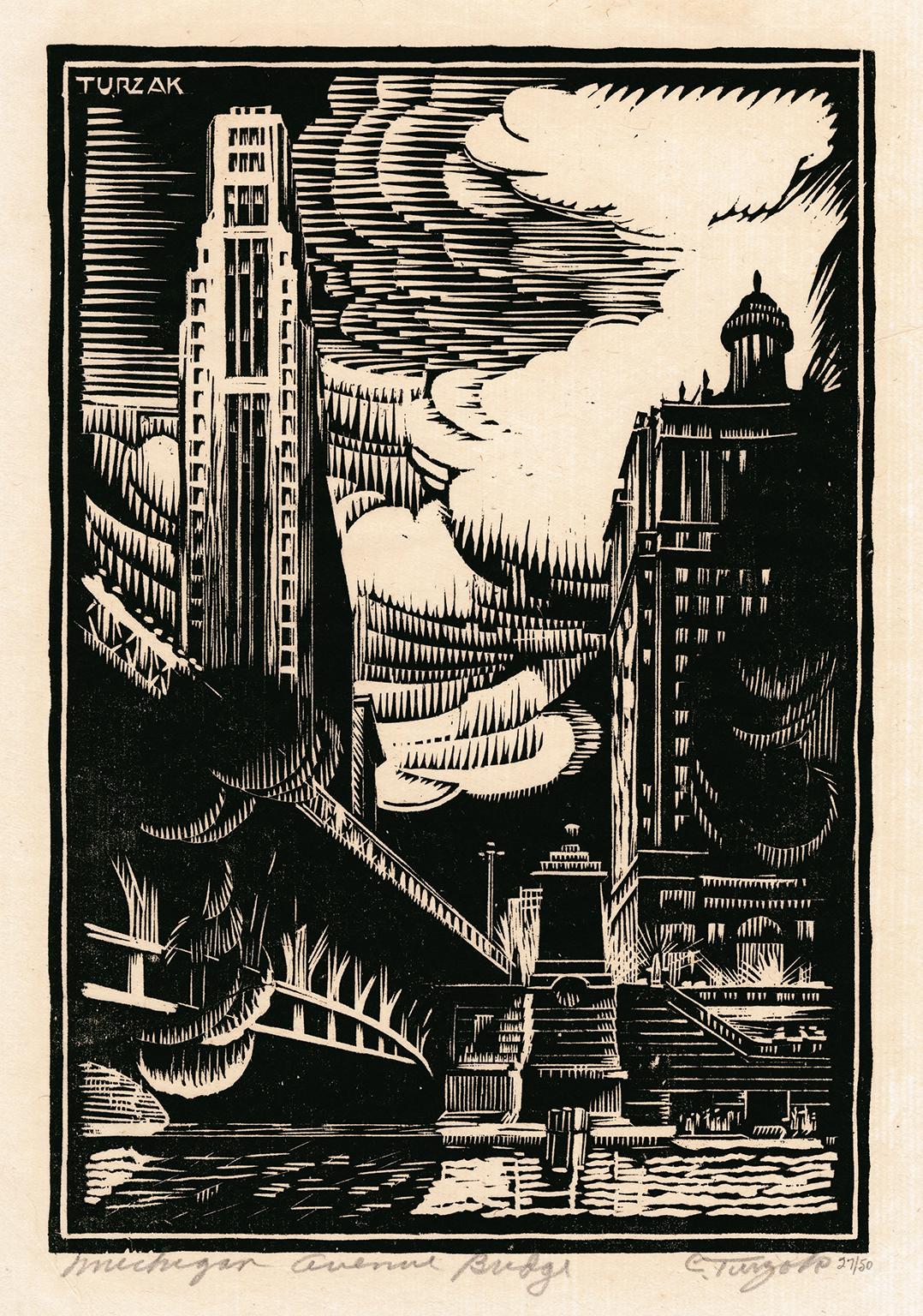 Charles Turzak Figurative Print - Michigan Avenue Bridge — American Modernism