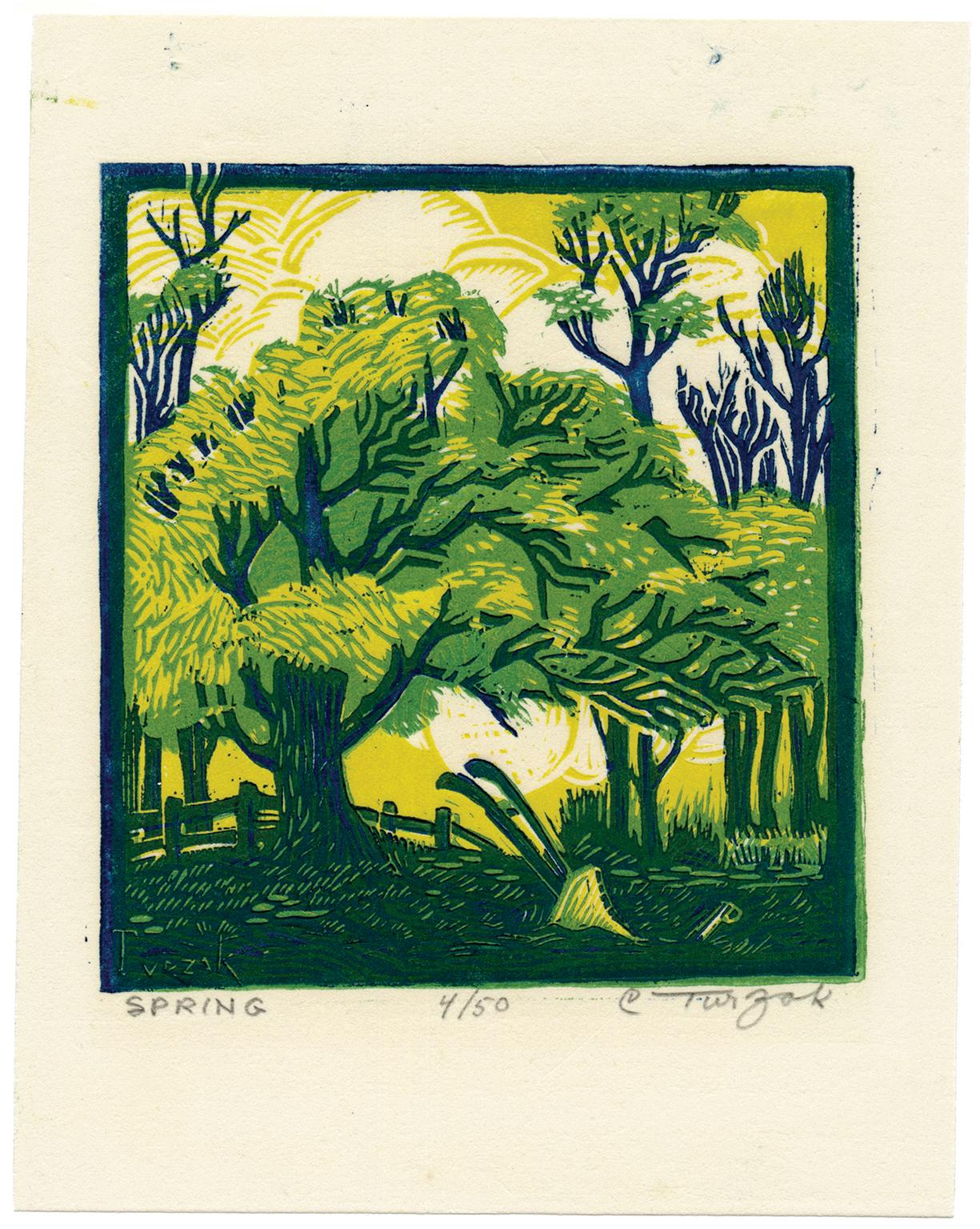 'Spring' — 1920s American Modernism, Color Woodcut - Print by Charles Turzak