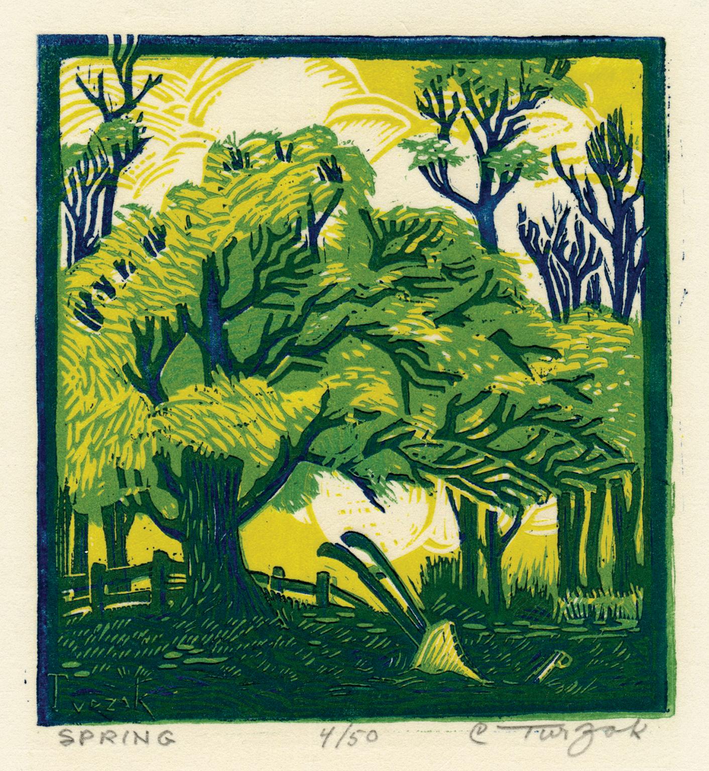 'Spring' — 1920s American Modernism, Color Woodcut
