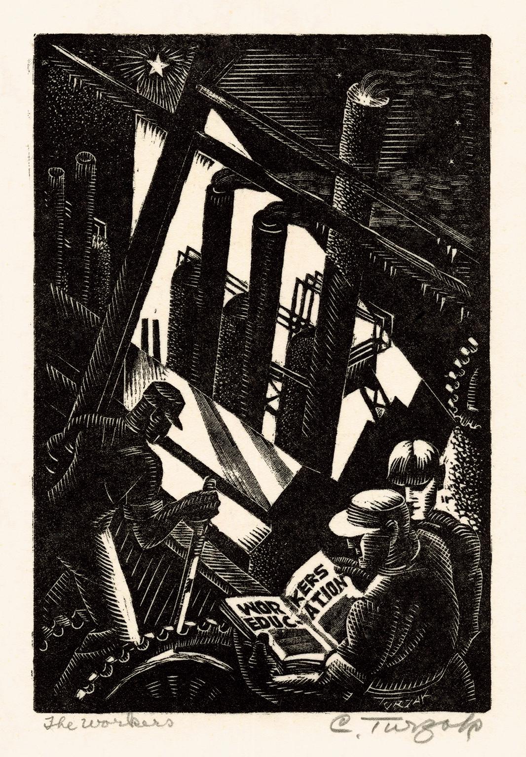 Charles Turzak Figurative Print - 
The Workers (No. 1)
 — 1930s WPA Modernist Woodcut