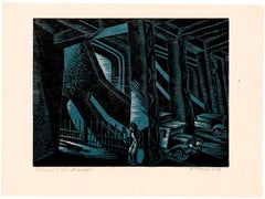 'Under the Bridge' — 1930s Chicago, Modernist Color Woodcut