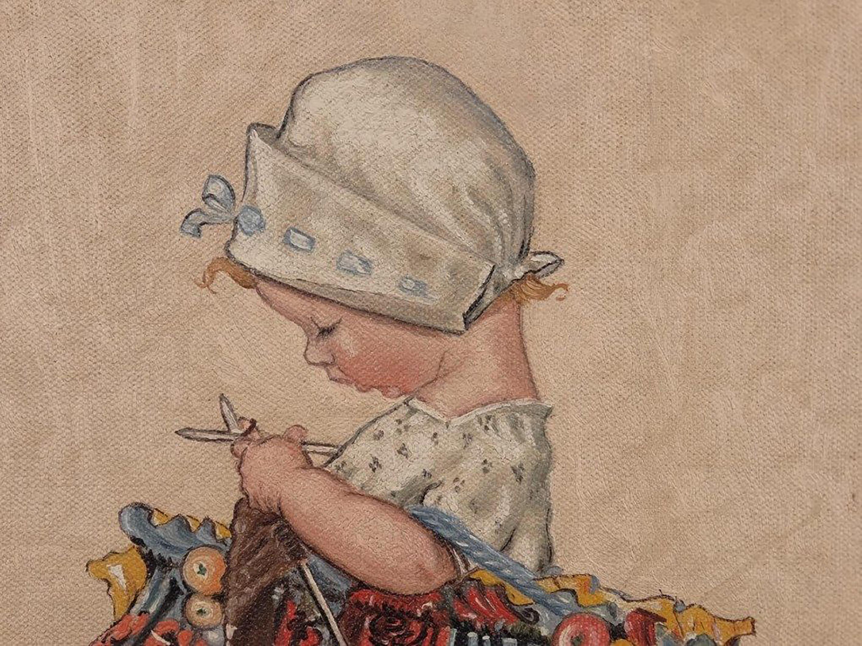 Child Sewing with Dog - Beige Figurative Painting by Charles Twelvetrees