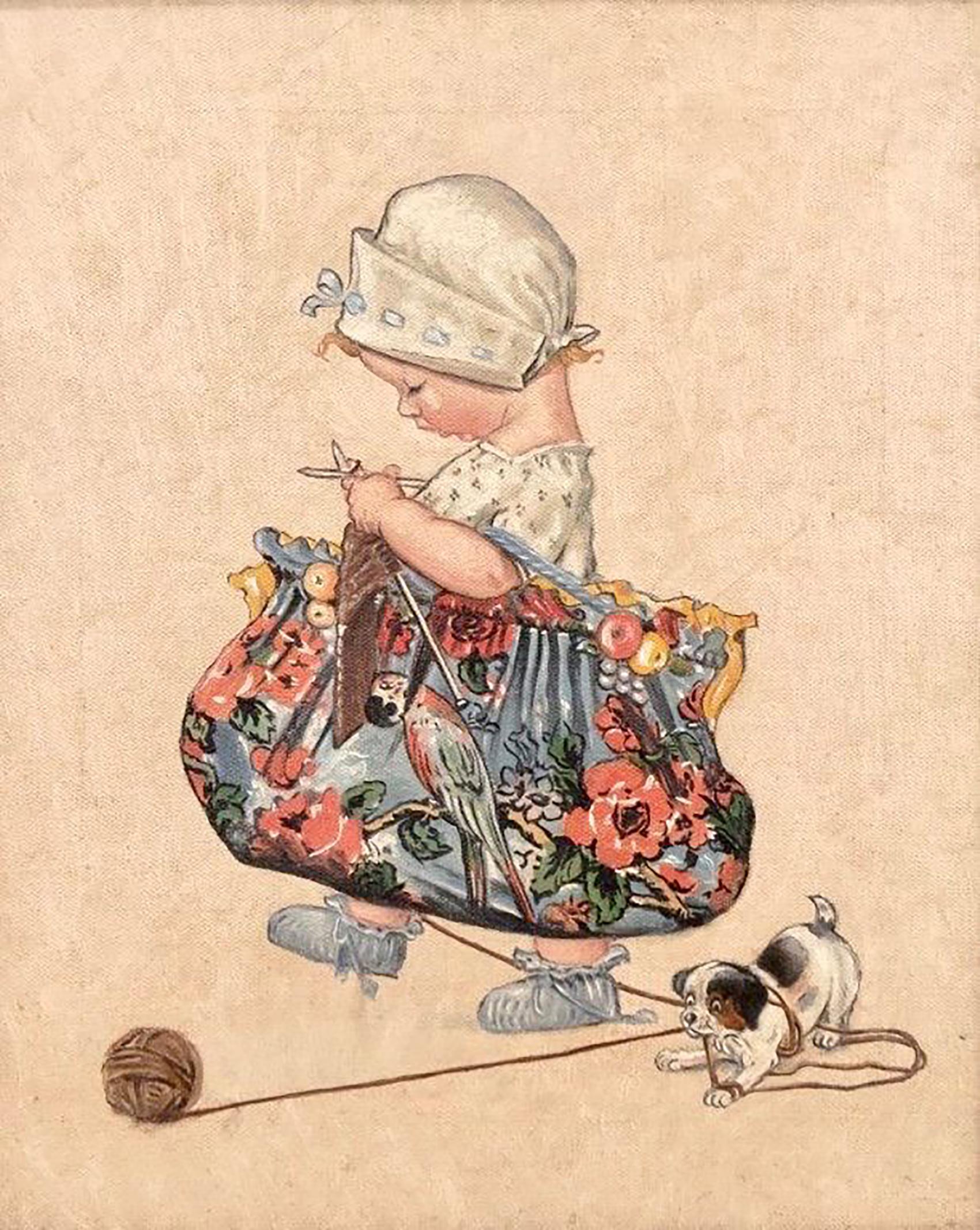 Charles Twelvetrees Figurative Painting - Child Sewing with Dog