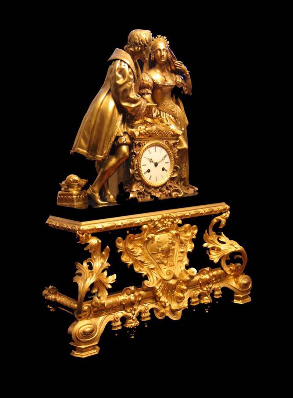 Charles V - Commemorative Gold Plated Bronze and Black Marble Mantel Clock Set In Good Condition For Sale In Wilmington, DE